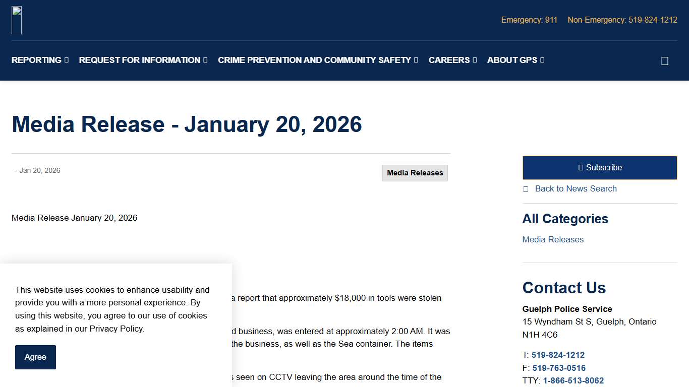 Media Release - January 20, 2026 Guelph Police Service